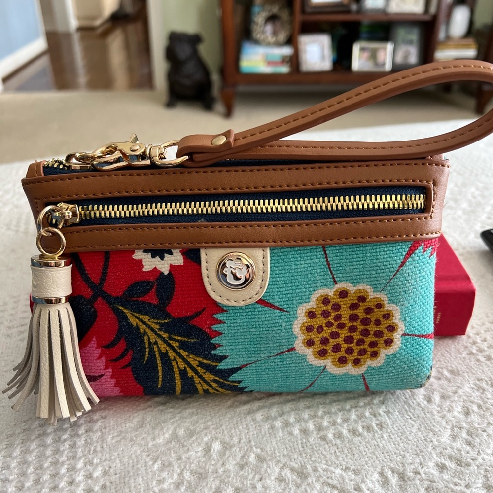 Spartina Wristlet bright fabric with leather trim